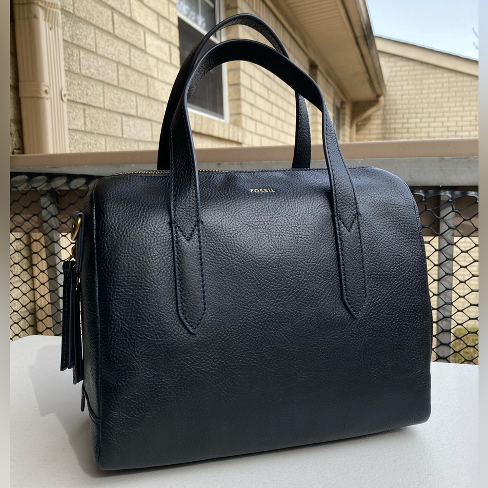 Fossil Sydney Satchel Black Pebbled Leather Hand Bag Cross Body Bag Purse NEW - Picture 5 of 17